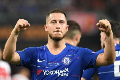  Chelseas Belgian midfielder Eden Hazard  celebrates after celebrates after scoring a goal during the UEFA Europa League final football match between Chelsea FC and Arsenal FC at the Baku Olympic Stadium in Baku, Azerbaijian, on May 29, 2019. (Photo by OZAN KOSE / AFP)Editoria: SPOLocal: BakuIndexador: OZAN KOSESecao: soccerFonte: AFPFotógrafo: STF