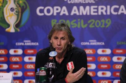  Perus coach Ricardo Gareca speaks during a press conference at Arena do Gremio Stadium in Porto Alegre, Brazil, on June 14, 2019, on the eve of the Copa America football match between Peru and Venezuela. (Photo by Jeferson Guareze / AFP)Editoria: SPOLocal: Porto AlegreIndexador: JEFERSON GUAREZESecao: soccerFonte: AFPFotógrafo: STR