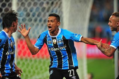  PORTO ALEGRE, RS, BRASIL, 22.11.2017. Grêmio enfrenta o argentino Lanús, na primeira partida da final da Libertadores 2017, na Arena. No lance, Cícero comemorando o gol.Foto: André Ávila/Agência RBS