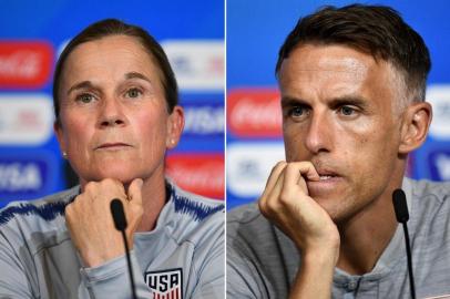  Combination photo made on July 1, 2019 shows United States head coach Jill Ellis (L) on June 30, 2019 in Lyon and Englands head coach Phil Neville in Lyon, on June 30, 2019. - England will play their semi-final match against USA on July 2 during the the France 2019 Womens World Cup. (Photo by Franck FIFE / AFP)Editoria: SPOLocal: LyonIndexador: FRANCK FIFESecao: soccerFonte: AFPFotógrafo: STF