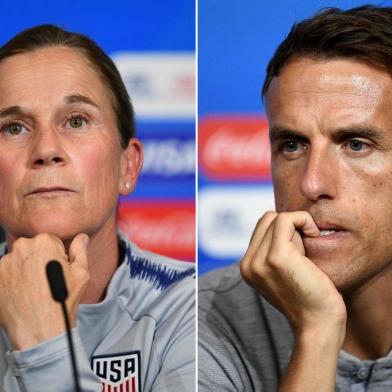  Combination photo made on July 1, 2019 shows United States head coach Jill Ellis (L) on June 30, 2019 in Lyon and Englands head coach Phil Neville in Lyon, on June 30, 2019. - England will play their semi-final match against USA on July 2 during the the France 2019 Womens World Cup. (Photo by Franck FIFE / AFP)Editoria: SPOLocal: LyonIndexador: FRANCK FIFESecao: soccerFonte: AFPFotógrafo: STF