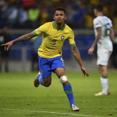  Brazil's Gabriel Jesus celebrates after scoring against Argentina during their Copa America football tournament semi-final match at the Mineirao Stadium in Belo Horizonte, Brazil, on July 2, 2019. (Photo by Pedro UGARTE / AFP)Editoria: SPOLocal: Belo HorizonteIndexador: PEDRO UGARTESecao: soccerFonte: AFPFotógrafo: STF