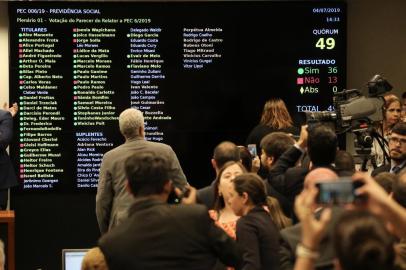 Deputados votam hoje o parecer do relator da reforma da PrevidÃªncia.BRASÍLIA,DF,04.07.2019:REFORMA-PREVIDÊNCIA-VOTAÇÃO-PARECER-CÂMARA - Comissão especial da Câmara aprova o texto-base da reforma da Previdência por 36 votos a 13, em Brasília (DF), nesta quinta-feira (4). O próximo passo agora é a votação dos destaques, que deve ser feita logo em seguida ainda nesta reunião da comissão. Depois de aprovada na comissão, a Proposta de Emenda à Constituição (PEC) será submetida ao plenário da Câmara, onde terá de passar por dois turnos de votação, antes de seguir para análise do Senado. (Foto: Fátima Meira/Futura Press/Folhapress)