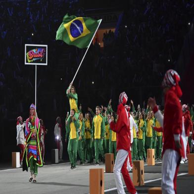 Members of Brazils delegation take part in the Parade of Nations during the opening ceremony of the Lima 2019 Pan-American Games at the National Stadium in Lima, on July 26, 2019. - The Pan-American Games run until August 11. (Photo by Luis ACOSTA / AFP)