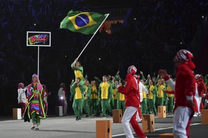 Members of Brazil's delegation take part in the Parade of Nations during the opening ceremony of the Lima 2019 Pan-American Games at the National Stadium in Lima, on July 26, 2019. - The Pan-American Games run until August 11. (Photo by Luis ACOSTA / AFP)