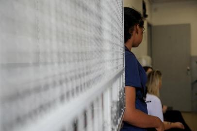  CAXIAS DO SUL, RS, BRASIL, 12/03/2019Alunos da turma 92 da Escola Estadual São Caetano estão sem professor de matemática. Por isso, na terça-feira, eles se obrigam a ir mais tarde na escola, no turno da tarde, porque não há aulas antes no horário normal. O problema se repete em outros dias da semana. Na foto, esperando no corredor pelo começo da aula, os aluns Fabiana Fadanelli de Oliveira, 14 anos e Adão Gabriel da Silva Trindade, 14. Na biblioteca, da esquerda para a direita, os alunos  Milena Brum da Silva, 15, Eduarda Lima, 13, Hellen Fernandes Batista, 14 e João Vitor de Oliveira da Silva, 14 (Lucas Amorelli/Agência RBS)