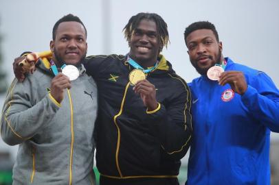 AthleticsLima, Tuesday, August 6, 2019 - Jamie Smikle from Jamaica, silver medal,  Andray Dacres from Jamaica, gold medal and Reginald Jagers from USA, bonze medal celebrate during Award Ceremony in Mens Discus Throw Final in Athletics at the Lima 2019 at Villa Deportiva Nacional - VIDENA during the Pan American Games Lima 2019.Copyright  Héctor Vivas / Lima 2019Mandatory credits: Lima 2019** NO SALES ** NO ARCHIVES **Indexador: HECTOR VIVAS