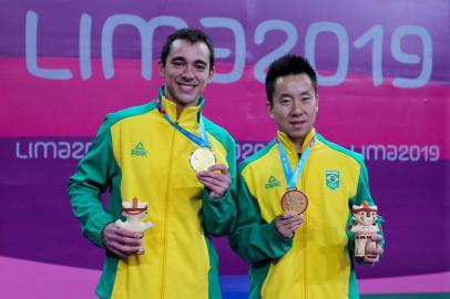  Hugo Calderano e Gustavo Tsuboi (Brasil), medalha de ouro nas duplas masculinas do tênis de mesa nos Jogos Pan-Americanos Lima 2019. Data: 06.08.2019. Crédito obrigatório: Abelardo Mendes Jr/ rededoesporte.gov.br