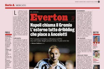 Everton e sua ida para o Napoli são notícias no jornal La Gazzettta dello Sport