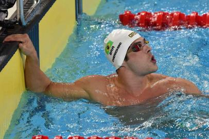  Brazils Marcelo Chierighini celebrates after winning the gold medal in the Swimming Mens 100m Freestyle Final A during the Lima 2019 Pan-American Games in Lima on August 8, 2019. (Photo by Cris BOURONCLE / AFP)Editoria: SPOLocal: LimaIndexador: CRIS BOURONCLESecao: swimmingFonte: AFPFotógrafo: STF