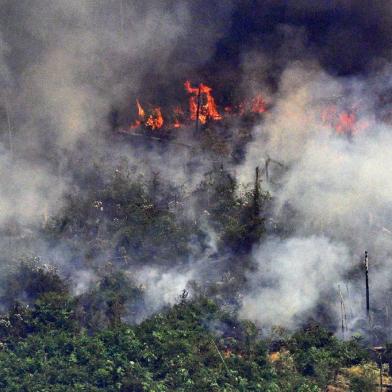 Aerial picture showing smoke from a two-kilometre-long stretch of fire billowing from the Amazon rainforest about 65 km from Porto Velho, in the state of Rondonia, in northern Brazil, on August 23, 2019. - Bolsonaro said Friday he is considering deploying the army to help combat fires raging in the Amazon rainforest, after news about the fires have sparked protests around the world. The latest official figures show 76,720 forest fires were recorded in Brazil so far this year -- the highest number for any year since 2013. More than half are in the Amazon. (Photo by Carl DE SOUZA / AFP)