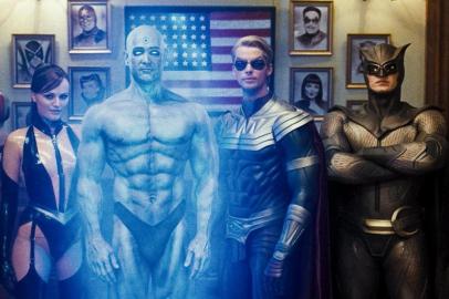 Da esquerda para a direita: Edwark Blake (Jeffrey Dean Morgan), Laurie Júpiter (Malin Akerman), Jon Osterman (Billy Crudup), Adrian Veidt (Matthew Goode), Dan Dreiberg (Patrick Wilson) e Walter Kovacs (Jackie Earle Haley), personagens de Watchmen - O Filme, de Zack Snyder.#PÁGINA:01 Fonte: Divulgação Fotógrafo: Paramount