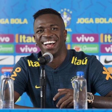  Vinícius Jr. durante entrevista coletiva pela Seleção Brasileira em Miami. Lucas Figueiredo/CBFIndexador: Lucas Figueiredo/CBF