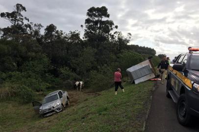 Caminhonete capota com cavalo no reboque na freeway