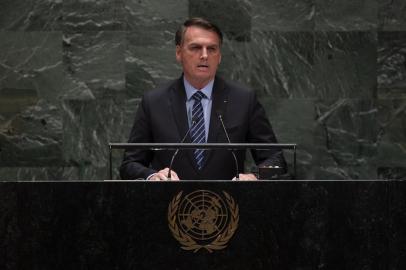  Jair Bolsonaro, President of Brazil speaks at the 74th session of the United Nations General Assembly September 24, 2019, in New York. (Photo by Johannes EISELE / AFP)Editoria: POLLocal: New YorkIndexador: JOHANNES EISELESecao: politics (general)Fonte: AFPFotógrafo: STF