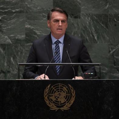  Jair Bolsonaro, President of Brazil speaks at the 74th session of the United Nations General Assembly September 24, 2019, in New York. (Photo by Johannes EISELE / AFP)Editoria: POLLocal: New YorkIndexador: JOHANNES EISELESecao: politics (general)Fonte: AFPFotógrafo: STF