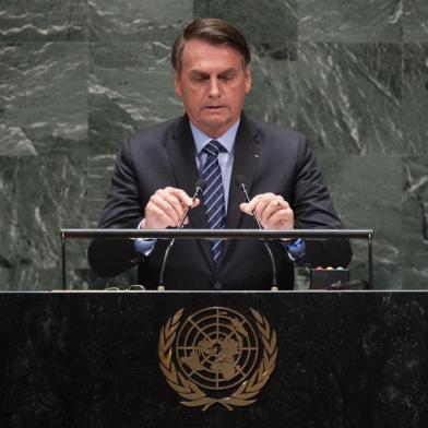 O presidente do Brasil, Jair Bolsonaro, discursa na abertura da Assembleia Geral da ONU, em 2019, em Nova Iorque