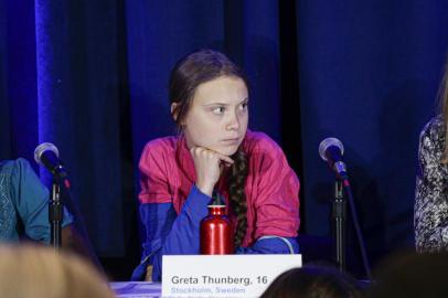 Activist Greta Thunberg attends a press conference where 16 children from across the world, present their official human rights complaint on the climate crisis to the United Nations Committee on the Rights of the Child at the UNICEF Building on September 23, 2019 in New York City. (Photo by Kena Betancur / AFP)