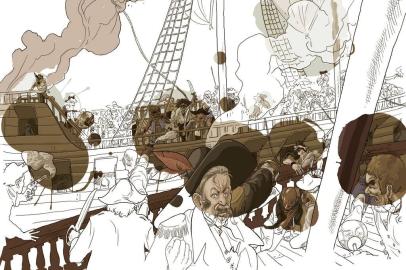 Ilustrações de Rafa Coutinho para o livro Piratas à Vista!, primeiro infanto-juvenil de Samir Machado de Machado, com lançamento previsto para o segundo semestre de 2019