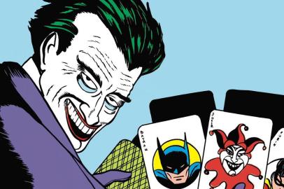 Desenho de Bill Finger mostrando a primeira aparição nos quadrinhos, em 1940, do vilão Coringa, adversário do Batman nos quadrinhos.