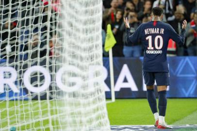 Paris Saint-Germains Brazilian forward Neymar celebrates after scoring a goal during the French L1 football match between Paris Saint-Germain and Angers SCO at the Parc des Princes stadium in Paris on October 5, 2019. (Photo by GEOFFROY VAN DER HASSELT / AFP)