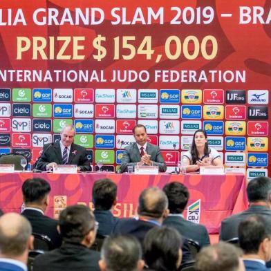 Mayra Aguiar durante sorteio das chaves deste sábado no  Grand Slam de Judô de Brasília  (Rafal Burza/CBJ) 