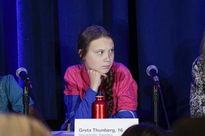 Activist Greta Thunberg attends a press conference where 16 children from across the world, present their official human rights complaint on the climate crisis to the United Nations Committee on the Rights of the Child at the UNICEF Building on September 23, 2019 in New York City. (Photo by Kena Betancur / AFP)