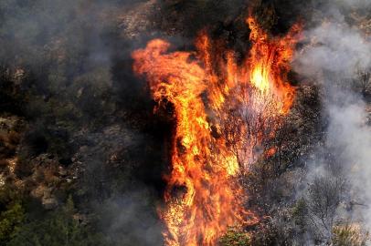 Fire takes out forests in the mountainous area that flank Damour river near the village of Meshref in Lebanons Shouf mountains, southeast of the capital Beirut, on October 15, 2019. - Flames devoured large swaths of land in several Lebanese and Syrian regions. The outbreak coincided with high temperatures and strong winds, according to the official media in both countries. (Photo by JOSEPH EID / AFP)