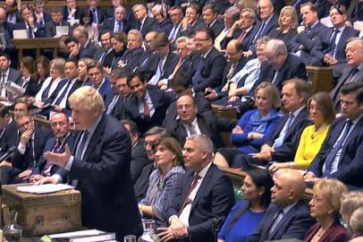 A video grab from footage broadcast by the UK Parliaments Parliamentary Recording Unit (PRU) shows Britains Prime Minister Boris Johnson responding to comments on his statement on a Brexit deal in the House of Commons in London on October 19, 2019. - British MPs gather Saturday for a historic vote on Prime Minister Boris Johnsons Brexit deal, a decision that could see the UK leave the EU this month or plunge the country into fresh uncertainty. (Photo by - / PRU / AFP) / RESTRICTED TO EDITORIAL USE - MANDATORY CREDIT  AFP PHOTO / PRU  - NO USE FOR ENTERTAINMENT, SATIRICAL, MARKETING OR ADVERTISING CAMPAIGNS