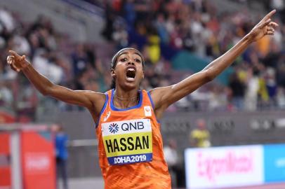  Netherlands Sifan Hassan reacts after winning the Womens 1500m final at the 2019 IAAF Athletics World Championships at the Khalifa International stadium in Doha on October 5, 2019. (Photo by Kirill KUDRYAVTSEV / AFP)Editoria: SPOLocal: DohaIndexador: KIRILL KUDRYAVTSEVSecao: athletics, track and fieldFonte: AFPFotógrafo: STF