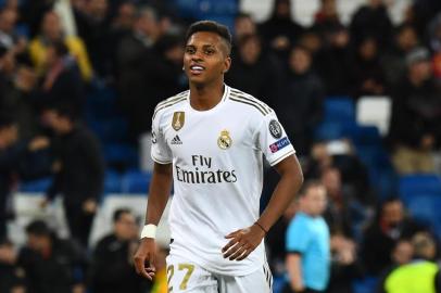  Real Madrids Brazilian forward Rodrygo celebrates after scoring during the UEFA Champions League Group A football match between Real Madrid and Galatasaray at the Santiago Bernabeu stadium in Madrid, on November 6, 2019. (Photo by GABRIEL BOUYS / AFP)Editoria: SPOLocal: MadridIndexador: GABRIEL BOUYSSecao: soccerFonte: AFPFotógrafo: STF