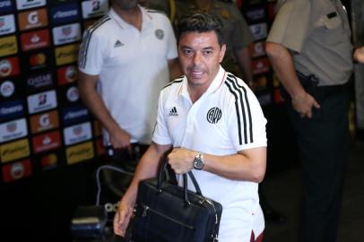 Argentinas River Plate coach Marcelo Gallardo arrives at the hotel in Lima on November 20, 2019, ahead of the Copa Libertadores final football match against Brasils Flamengo to be held there on November 23. (Photo by Luka GONZALES / AFP)