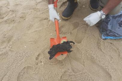  **EM BAIXA**QUISSAMÃ, RJ, BRASIL, 25/11/2019- Fragmentos de óleo recolidos em praia de Quissamã. Foto: Defesa Civil de Quissamã / Divulgação)