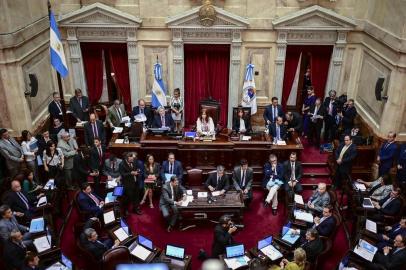 Argentinian Vice-President and ex-president (2007-2015) Cristina Fernandez de Kirchner (C), presides a session in which new economic laws proposed by President Alberto Fernandez are discussed in Buenos Aires, on December 20, 2019. (Photo by RONALDO SCHEMIDT / AFP)