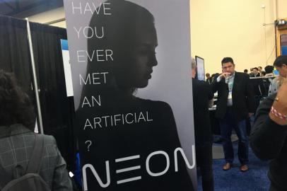  Neon, a unit of Samsung, promotes a planned launch of an Artificial Human at the 2020 Consumer Electronics Show (CES) in Las Vegas, Nevada, on January 6, 2020. - A Samsung lab on January 7 unveiled a digital avatar it described as an AI-powered artificial human, claiming it is able to converse and sympathize like real people. The announcement at the opening of the 2020 Consumer Electronics Show touted a new kind of artificial intelligence called NEON, produced by the independent Samsung unit Star Labs. (Photo by Robert LEVER / AFP)Editoria: FINLocal: Las VegasIndexador: ROBERT LEVERSecao: consumer goodsFonte: AFPFotógrafo: STF<!-- NICAID(14379773) -->