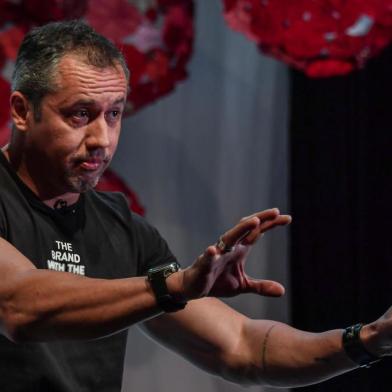 Brazilian theater director Roberto Alvim gestures during an interview with AFP in Sao Paulo, Brazil, on July 18, 2019. - Creating a cultural war machine in Brazils performing arts is renowned theatre director Roberto Alvims mission as he seeks to eradicate progressive ideas from the stage. (Photo by NELSON ALMEIDA / AFP)<!-- NICAID(14182743) -->