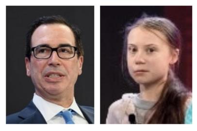 Secretário do Tesouro dos EUA, Steven Mnuchin, e Greta Thunberg trocam farpas em Davos.<!-- NICAID(14396687) -->