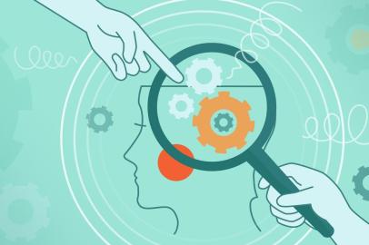  The psychological concept of human thinking, brain mechanics, complexes, problems. Illustration face in profile, magnifier, gears, springs on a blue background. Website cover, page, banner.Fonte: 300150144<!-- NICAID(14414297) -->