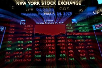 A screen shows numbers of stocks after the closing bell at the New York Stock Exchange (NYSE) on February 24, 2020 at Wall Street in New York City. - Wall Street stocks finished with steep losses February 24, 2020, joining a global rout on mounting worries that the coronavirus will derail economic growth.At the closing bell, the benchmark Dow Jones Industrial Average was down 3.6 percent at 27,962.91, a drop of more than 1,000 points and the biggest loss in a session in more than two years. (Photo by Johannes EISELE / AFP)<!-- NICAID(14430593) -->