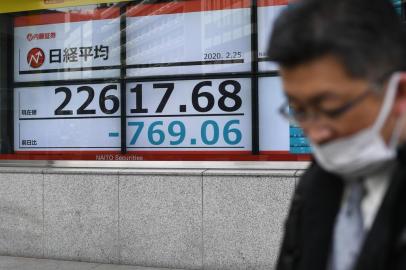 A pedestrian wearing a face mask walks past an electric quotation board displaying the Nikkei 225 Index on the Tokyo Stock Exchange in Tokyo on February 25, 2020. - Tokyo stocks dropped more than 3.5 percent at the open on February 25, tracking falls on global markets as fears mounted that the COVID-19 coronavirus outbreak will derail economic growth. (Photo by Philip FONG / AFP)<!-- NICAID(14431107) -->