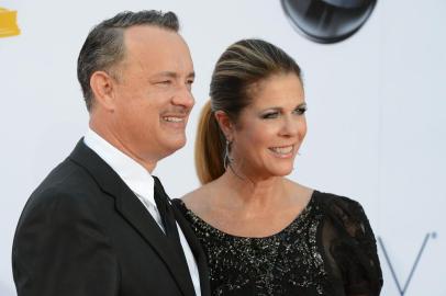 Actor Tom Hanks and actress Rita Wilson arrive for the 64th annual Prime Time Emmy Awards at the Nokia Theatre at LA Live in Los Angeles, California September 23, 2012.  AFP PHOTO / ROBYN BECK<!-- NICAID(8637230) -->