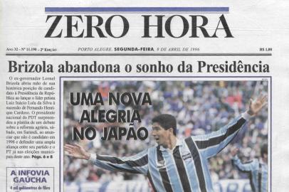  Reprodução da capa do jornal Zero Hora de  08/04/1996.Uma nova alegria no JapãoCom o 4 a 1 sobre o Independiente, da Argentina, o Grêmio de Jardel conquistou a Recopa.