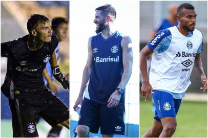 Goleiro Gabriel Chapecó, zagueiro Marcelo Oliveira e lateral-direito Leonardo Gomes, do Grêmio