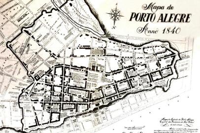  Mapa de Porto Alegre, em 1840, mostrando (á esquerda, sentido longitudinal)  a linha  fortificada para defender a cidade.fonte: livro Porto Alegre a cidade e sua formação de Clovis Silveira de Oliveira.<!-- NICAID(14493643) -->