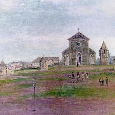 Pintura retratando a Praça Dante em 1904, com o quiosque de Vittorio Chittolina (à direita), ao lado do antigo campanário de madeira da Catedral.<!-- NICAID(14509090) -->