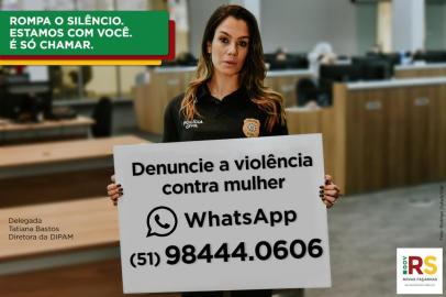  PORTO ALEGRE, RS, BRASIL, 04/06/2020. Rompa o silêncio. Você não está sozinha. Se precisar, é só chamar. Esse é o recado da campanha lançada nesta sexta-feira (21/5) pela Secretaria da Segurança Pública do Estado (SSP) para incentivar as denúncias de violência contra a mulher. A ação, com foco no compartilhamento pelas redes sociais, busca difundir ao maior número de pessoas possível os canais para denúncias anônimas, que podem fazer a diferença para salvar a vida de mulheres vítimas de agressões e abusos no Rio Grande do Sul. (Arte de Carlos Ismael Moreira sobre foto de Rodrigo Ziebell/SSP)<!-- NICAID(14515310) -->