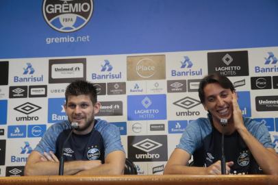  PORTO ALEGRE, RS, BRASIL, 29-11-2018. No CT Luiz Carvalho,Kannemann e Geromel fazem coletiva após renovação de contrato do técnico Renato Gaúcho com o time. (ANDRÉ ÁVILA/Agência RBS_<!-- NICAID(13854322) -->