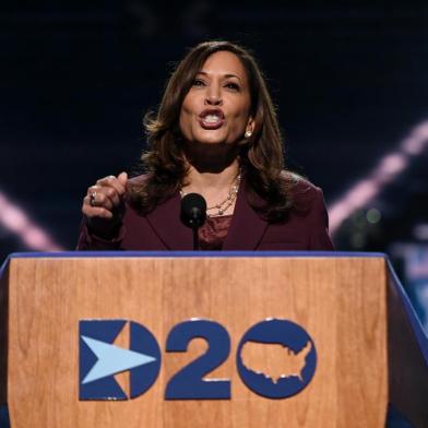 Senator from California and Democratic vice presidential nominee Kamala Harris speaks during the third day of the Democratic National Convention, being held virtually amid the novel coronavirus pandemic, at the Chase Center in Wilmington, Delaware on August 19, 2020. (Photo by Olivier DOULIERY / AFP)