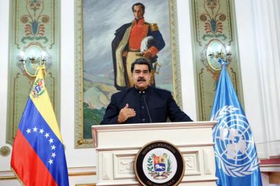 Presidente da Venezuela, Nicolas Maduro, em discurso virtual anual da Assembleia Geral das ONU, no Palácio Presidencial Miraflores em Caracas em 23 de setembro de 2020<!-- NICAID(14601046) -->