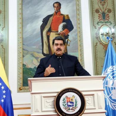 Presidente da Venezuela, Nicolas Maduro, em discurso virtual anual da Assembleia Geral das ONU, no Palácio Presidencial Miraflores em Caracas em 23 de setembro de 2020<!-- NICAID(14601046) -->